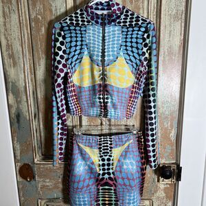 2PC BLUE POLKADOT RAINBOW Skirt Top SET Large Club wear